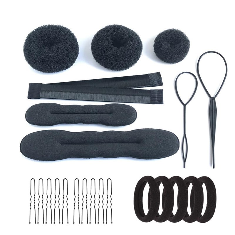 iFlyMars Hair Accessories Set: 3 Donut Bun Makers, 2 Foam Sponge Shapers, 1 French Twist Clip, 2 Snap Buns, 10 Elastics, 20 Pins (Black) - Image 1